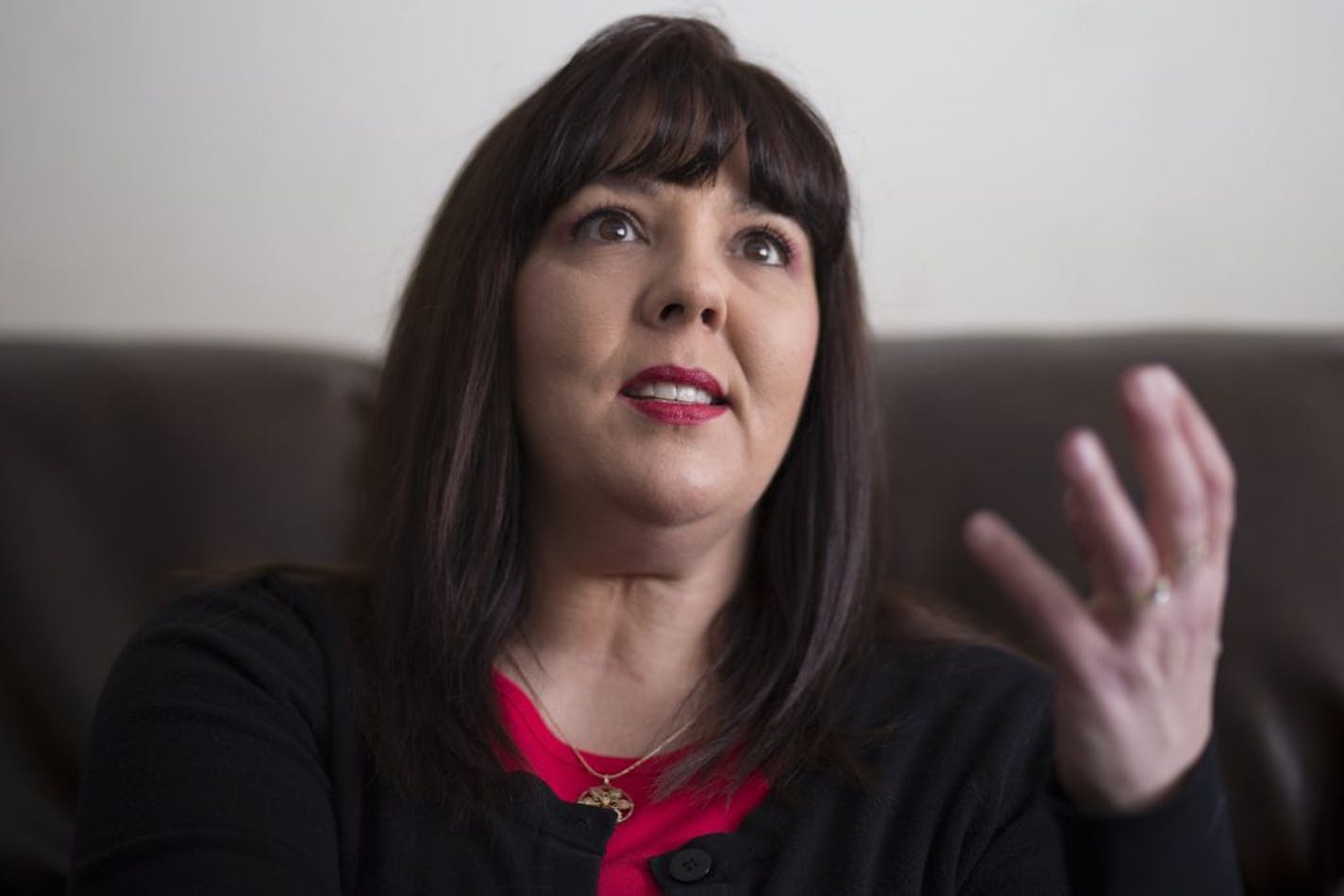 Heidi Weber answers questions during an interview inside her home in Prescott, Wis. on Wednesday, February 25, 2015.