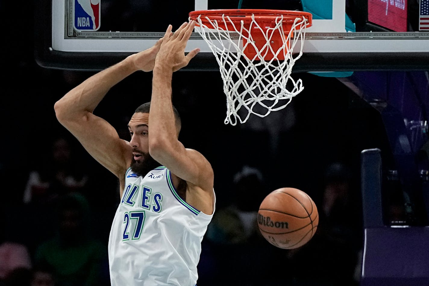 Minnesota Timberwolves center Rudy Gobert dunks against the Charlotte Hornets during the first half of an NBA basketball game Saturday, Dec. 2, 2023, in Charlotte, N.C. (AP Photo/Chris Carlson)