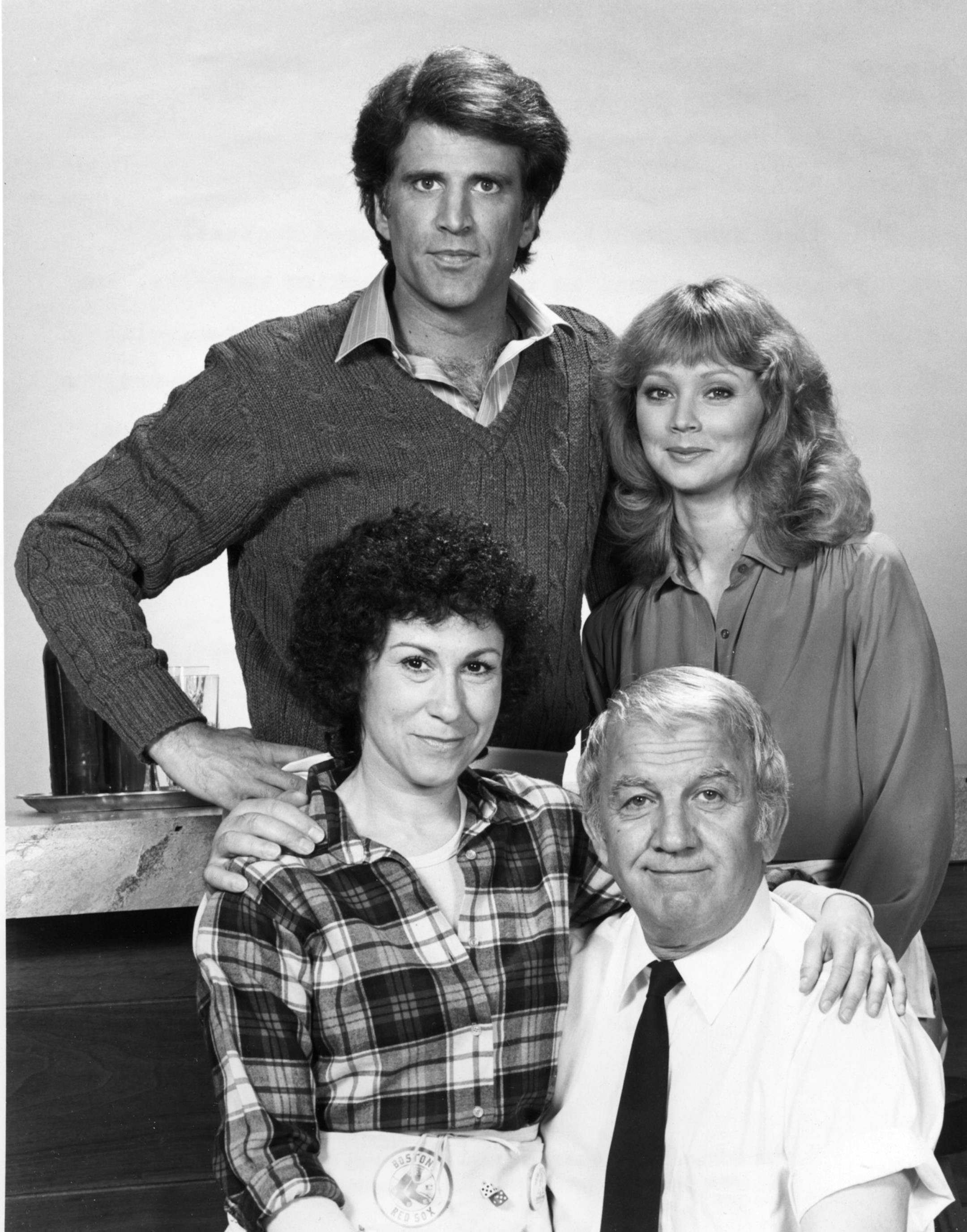 Some of the stars among the cast of the popular televison show "Cheers" are (left to right in front) Rhea Perlman, Nicholas Colasanto, and (left to right in back) Ted Danson, Shelley Long. 1982 handout file photo courtesy of NBC Television.