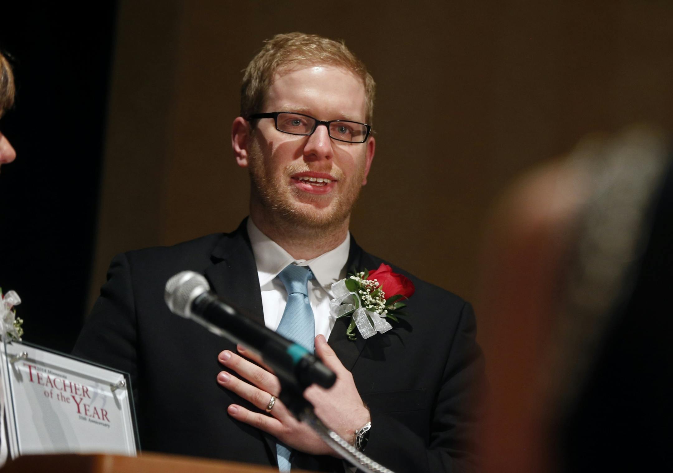 Thomas Rademacher, an English teacher at the FAIR School in the West Metro Education Program, appeared stunned to have won the 2014 teacher of the year award. He only wrote a few words for a possible acceptance speech as a finalist.