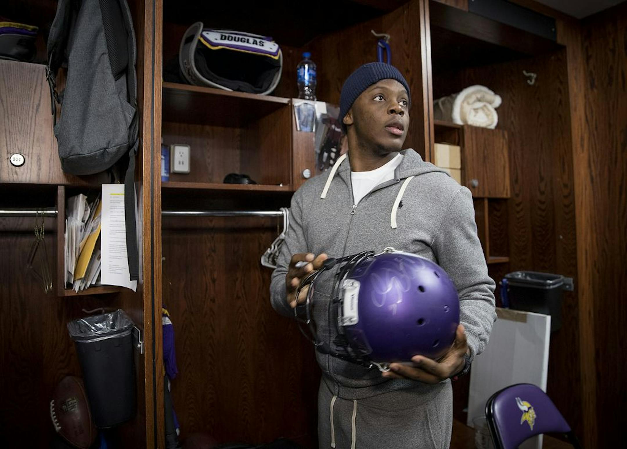 Minnesota Vikings quarterback Teddy Bridgewater signed a helmet as he cleaned out his locker at Winter Park, Monday, January 22, 2018 in Eden Prairie, MN.