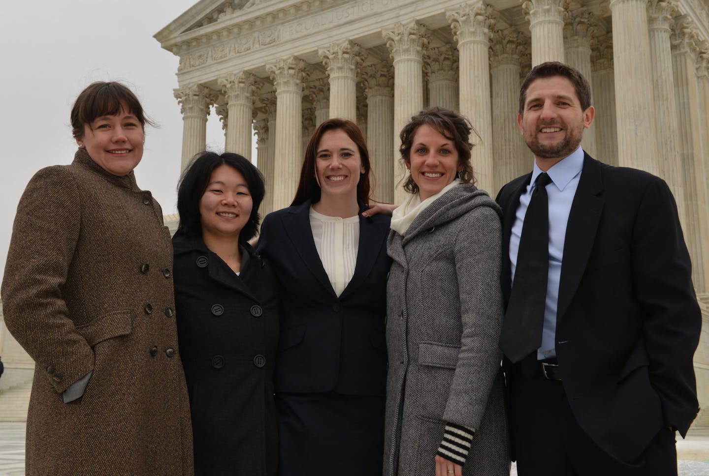 Caption: left to right, Kate Evans, Julia Decker, Caitlinrose Fisher, Anna Finstrom, Dean David Wippman, Professor Ben Casper.