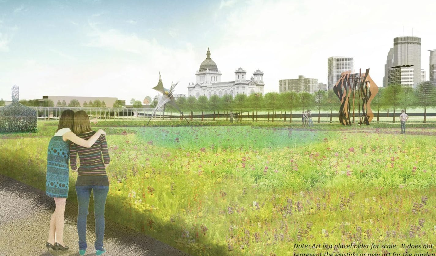 This view shows one concept for a wet meadow at the north end of the Minneapolis Sculpture Garden. Sculpture, shown for illustrative purposes only, would sit both in the meadow and on grassy circles.