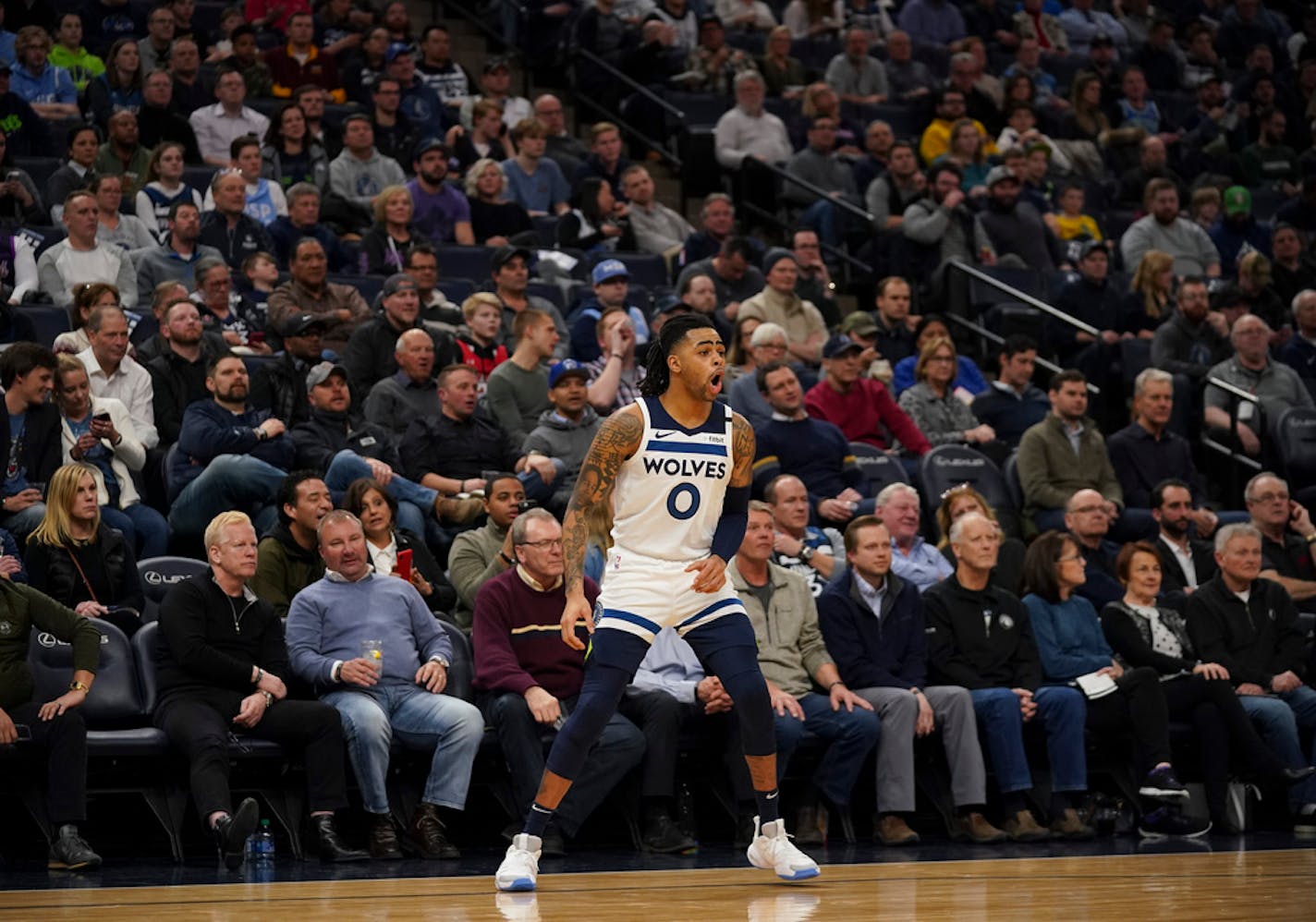 Minnesota Timberwolves guard D'Angelo Russell called for a pass against the Charlotte Hornets on Feb. 12, 2020, at Target Center in Minneapolis.