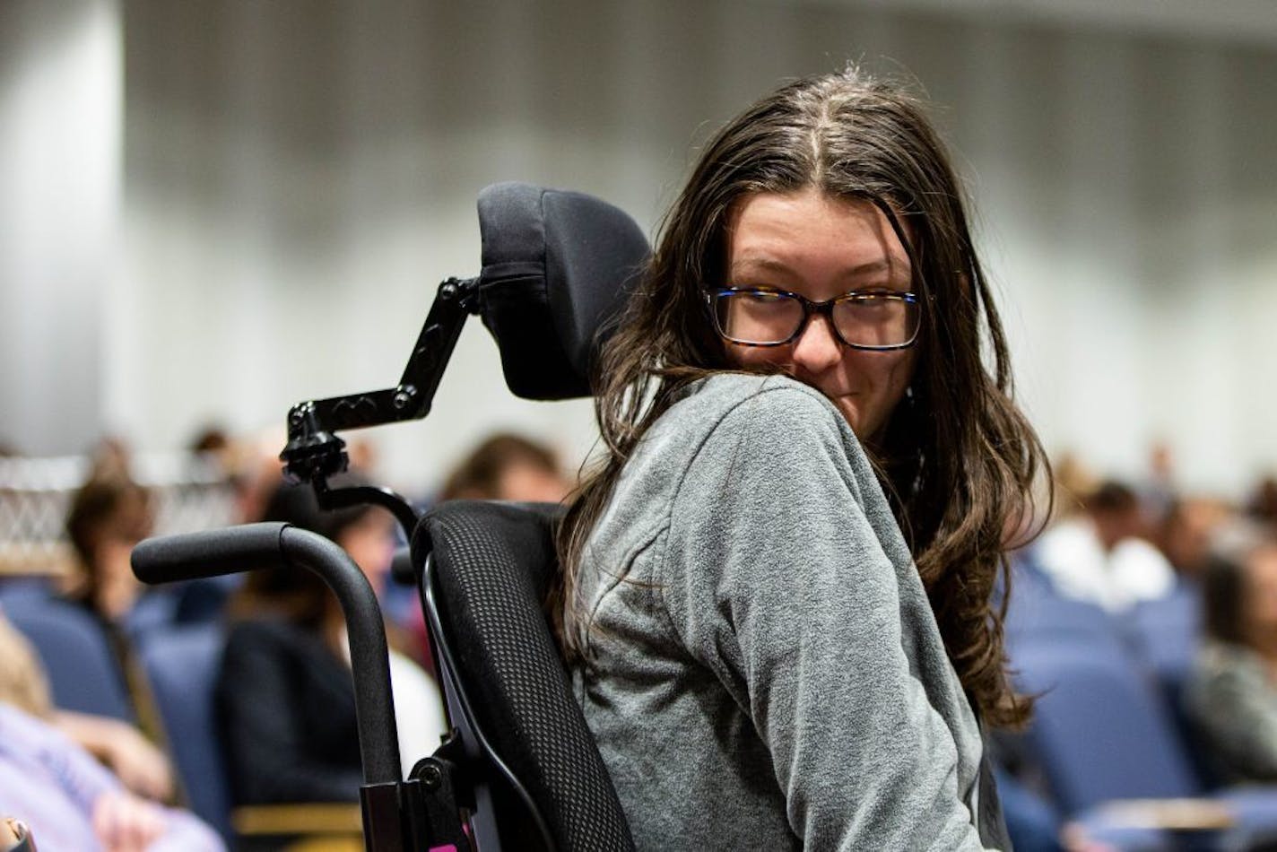 Linae Larson, 15, exchanges a glance with Kelly Larson after Senator Michelle Benson tells DHS acting commissioner Pam Wheelock that she hadn't addressed any of the agreed-upon topics during a senate hearing about recent events in the Minnesota Department of Human Services at the Minnesota Senate Building Tuesday, August 13, 2019.