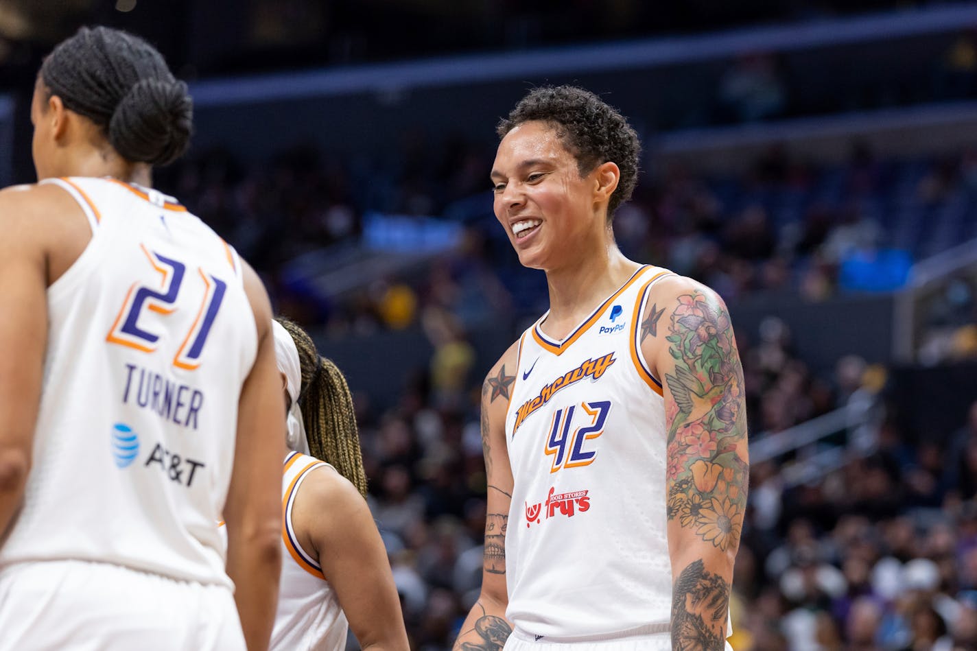 Phoenix Mercury center Brittney Griner (42) against the Los Angeles Sparks during a WNBA basketball game, Friday, May 19, 2023, in Los Angeles. Sparks won 94-71.(AP Photo/Jeff Lewis)