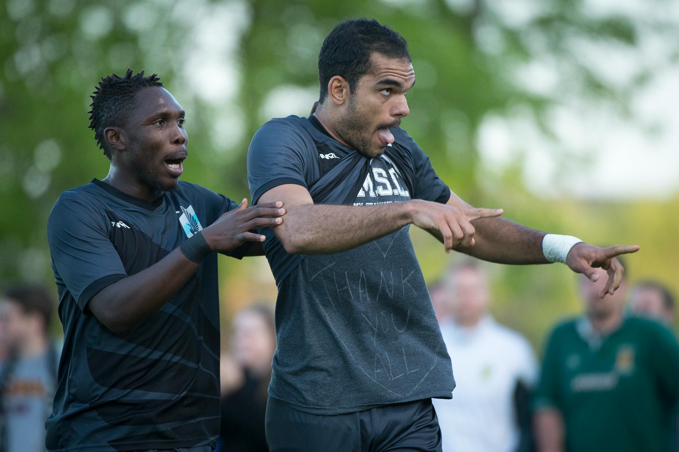 Minnesota United FC forward Pablo Campos (9), right, celebrated his goal with midfielder Kalif Alhassan (11) in the first half.