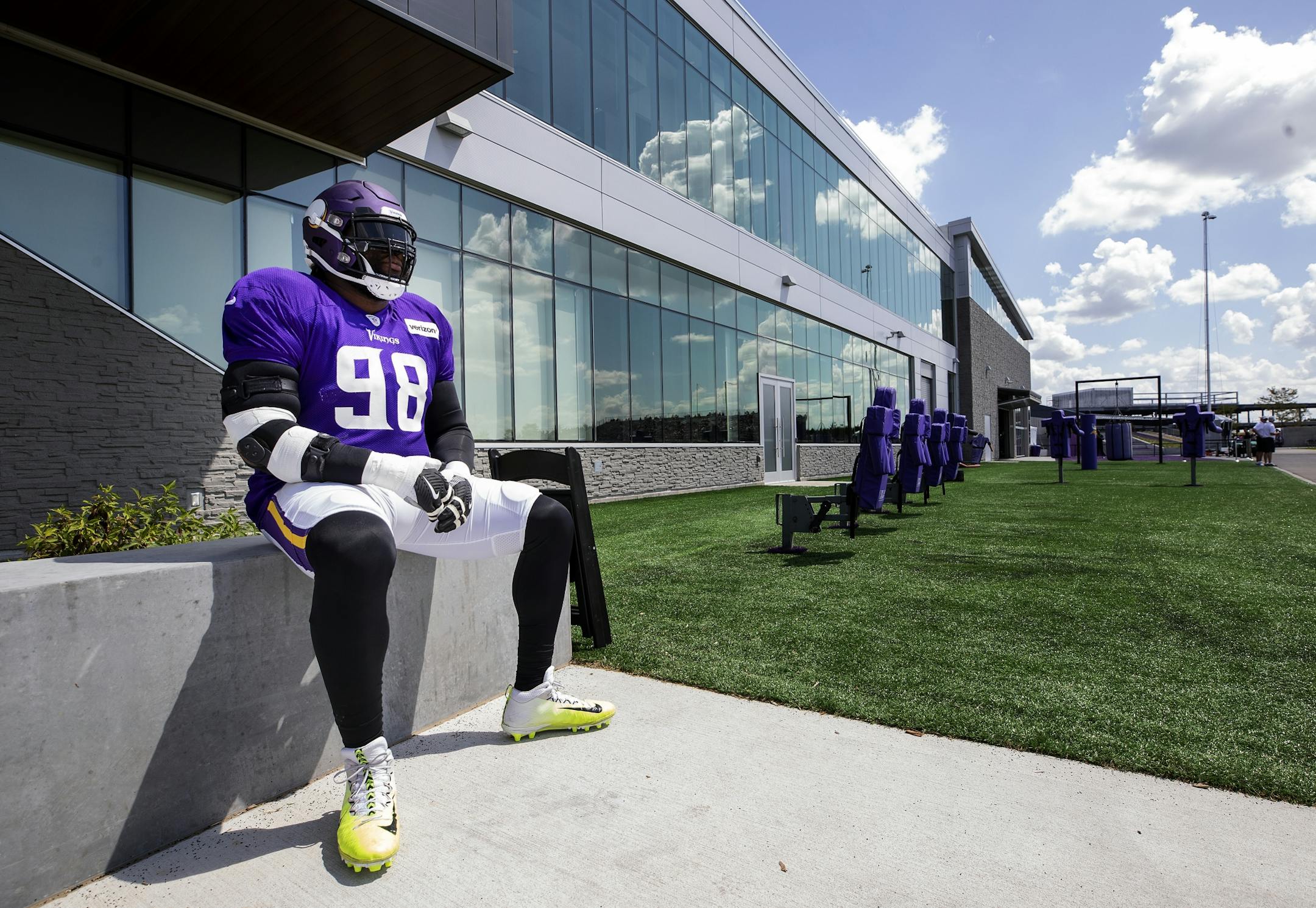 Minnesota Vikings Linval Joseph (98) took in the scene before practice on Tuesday.