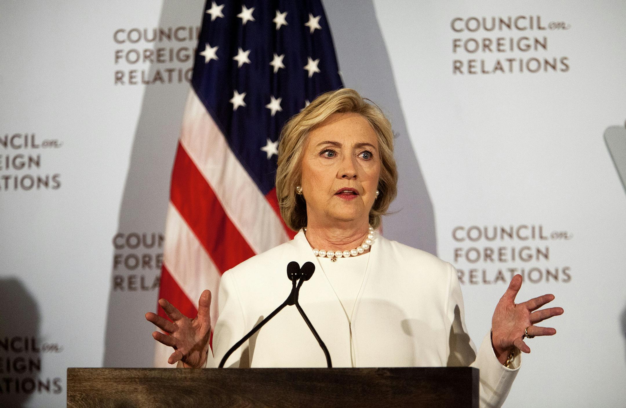 Democratic presidential candidate Hillary Rodham Clinton speaks about terrorism at the Council on Foreign Relations in New York, Nov. 19, 2015