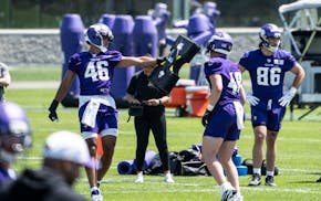 Tight ends Bryson Nesbit (46) and Ben Yurosek (48) were among the undrafted rookies the Vikings signed after April's draft.