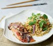 Oven-Baked Sweet Spicy Salmon with Oyster Sauce Noodles makes quick work of dinner. From "Wok for Less,"  by Ching-He Huang, (Kyle Books, 2023).