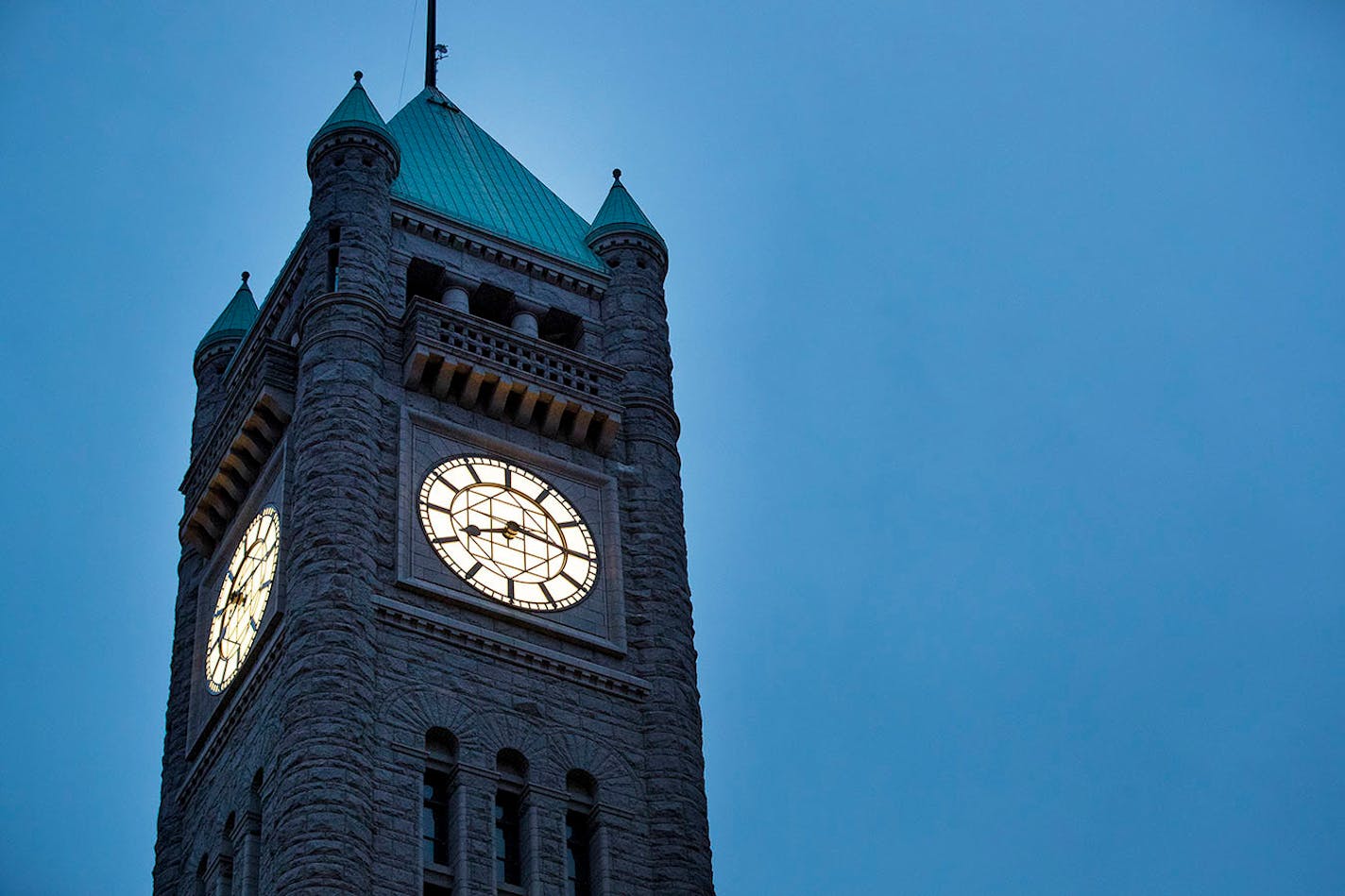 The renovated City Hall/Hennepin County Courthouse clock in Minneapolis.