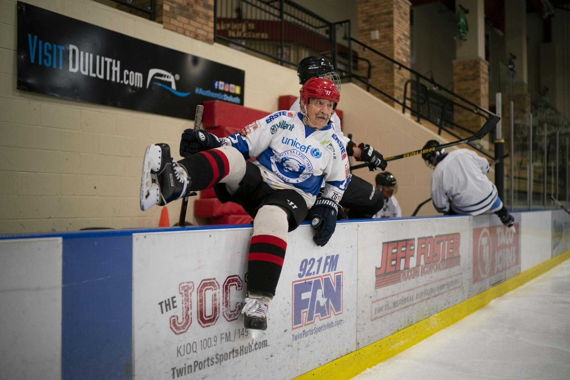 Mark Sertich hopped over the boards for a line change during his game with friends Thursday morning.