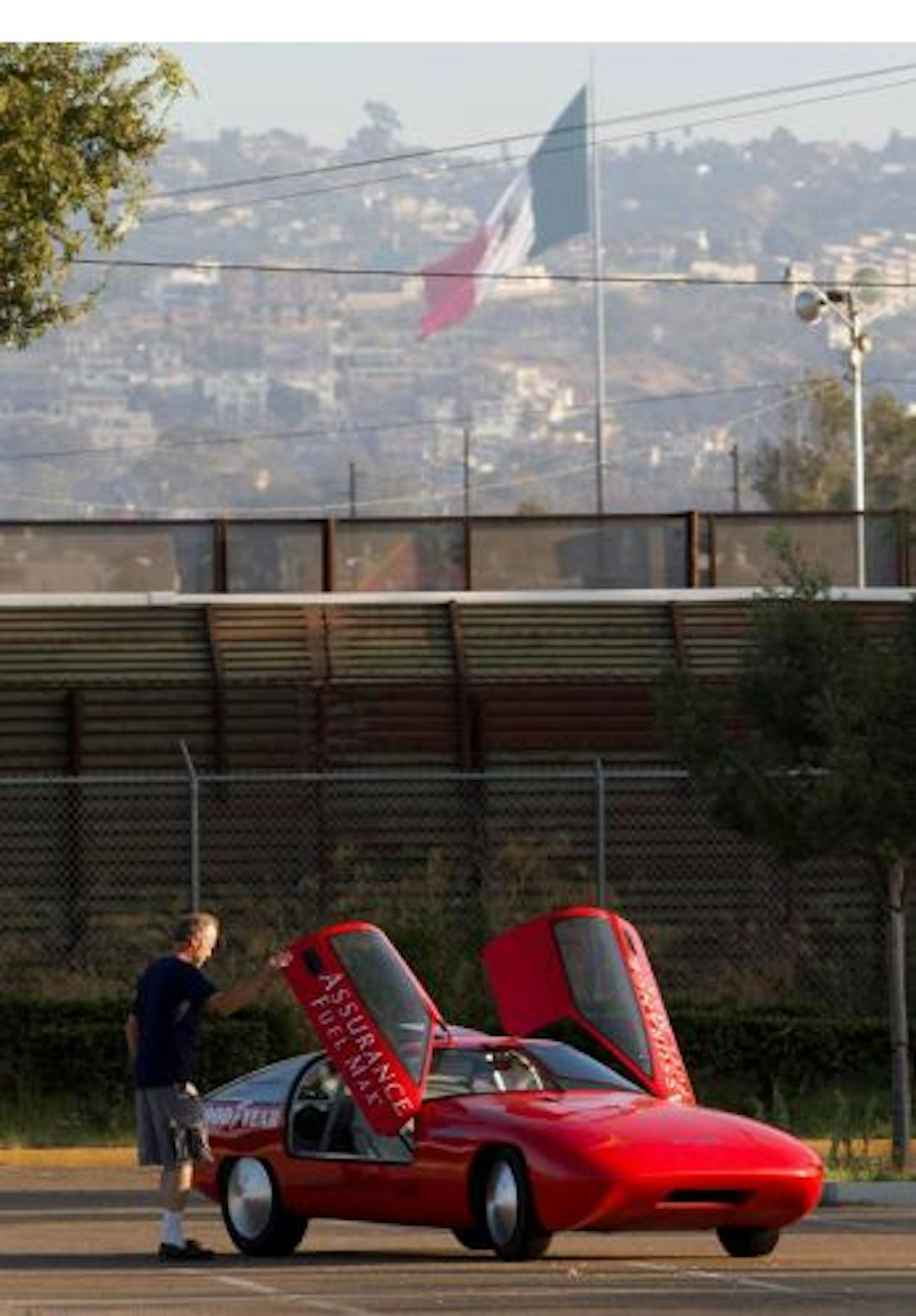 Craig Henderson and his custom-built car, the Avion, completed a more than 1,400-mile journey from Canadian border to Mexico on one tank of gas.
