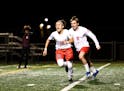 Marantha Christian Academy's Jaydon Dimitrov (10) heads to the student section to celebrate his game winning penalty kick in the final minute of play.