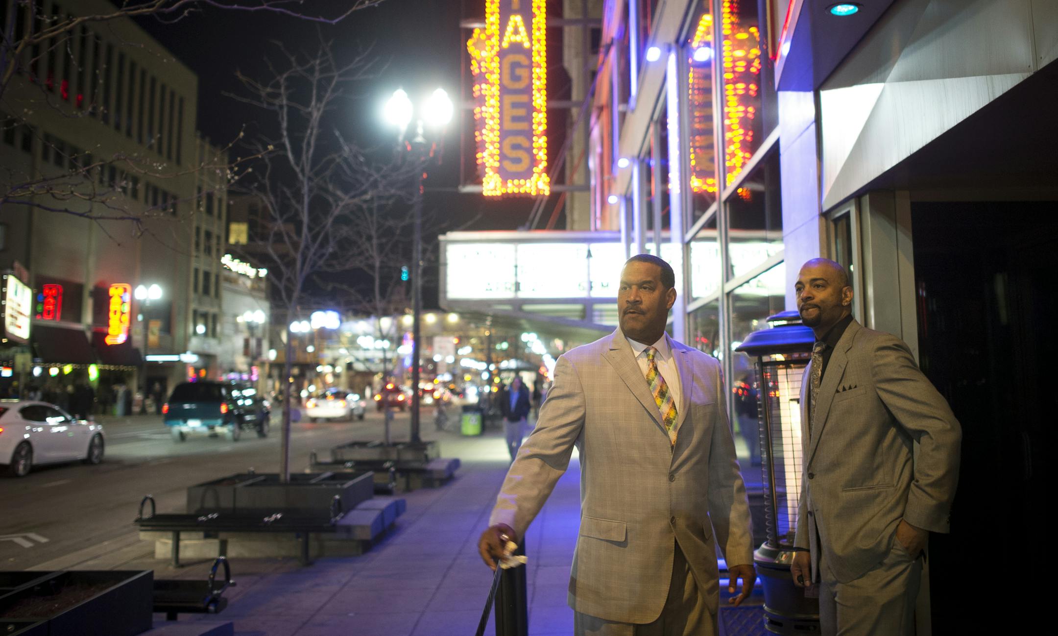 Bryant Webster, left, stood alongside fellow doorman Theryl Dugas outside of Seven Steakhouse while waiting for customers.