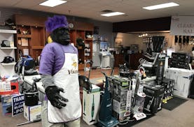 The gorilla mascot inside Al's Vacuum in Bloomington is dressed in his Minnesota Vikings costume on Wednesday, Jan. 17.