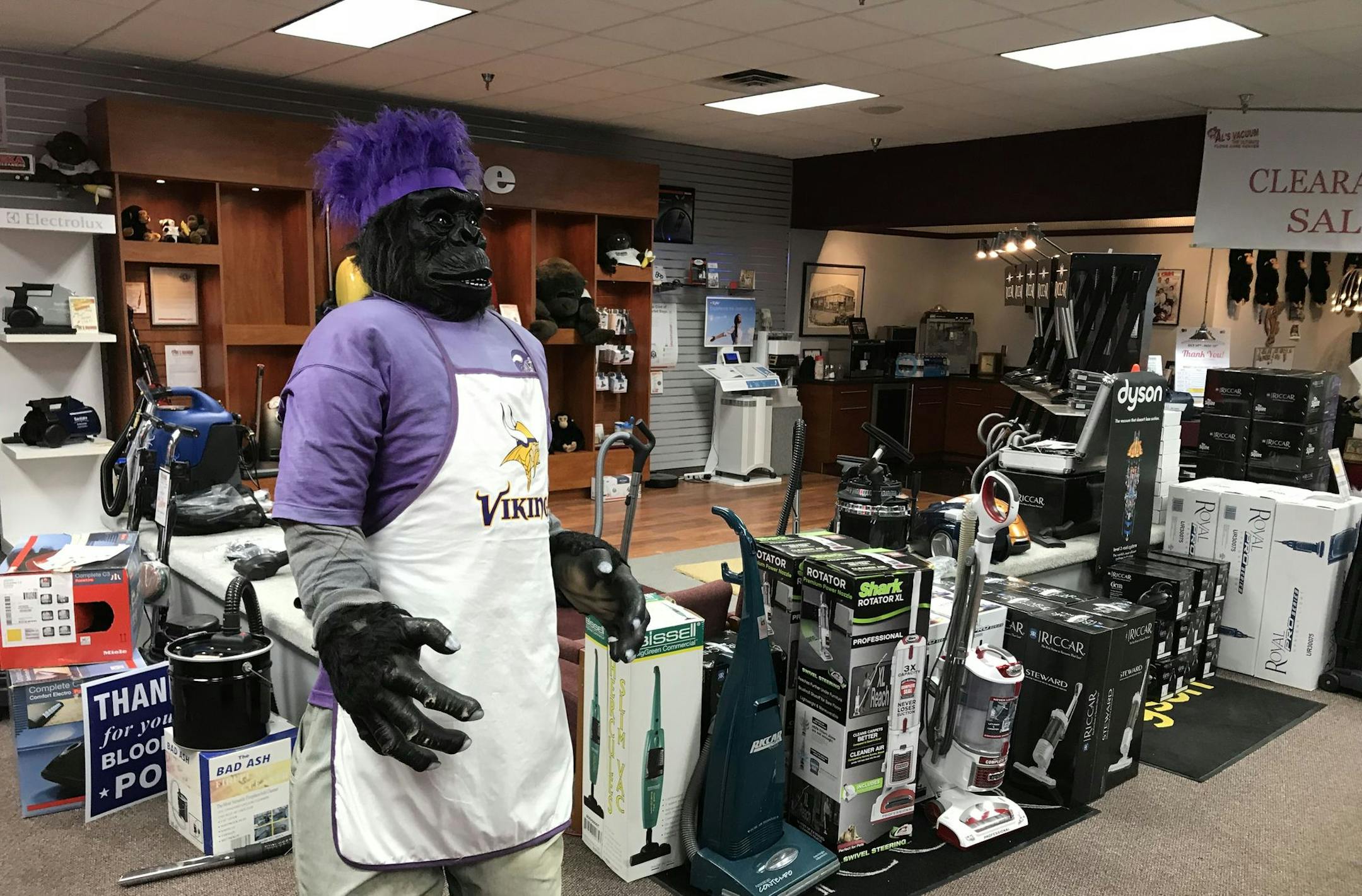 The gorilla mascot inside Al's Vacuum in Bloomington is dressed in his Minnesota Vikings costume on Wednesday, Jan. 17.
