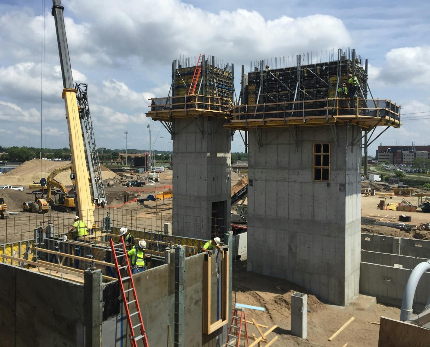 After nine months of construction, the University of Minnesota's $166 million Athletes Village is slowly beginning to take shape. The footings and elevator shafts for the Center for Excellence are the first signs of major progress on the project. JASON GONZALEZ/Star Tribune