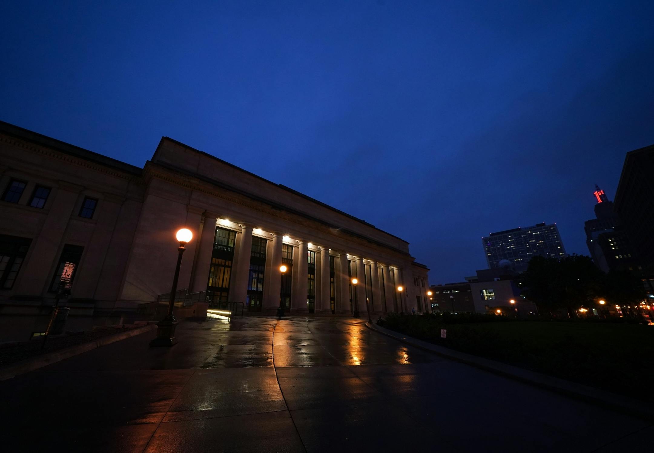 St. Paul's Union Depot exterior on a misty weekday night.