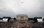 An Air Force flyover came while President Donald Trump spoke during an Independence Day celebration in front of the Lincoln Memorial on Thursday in Wa