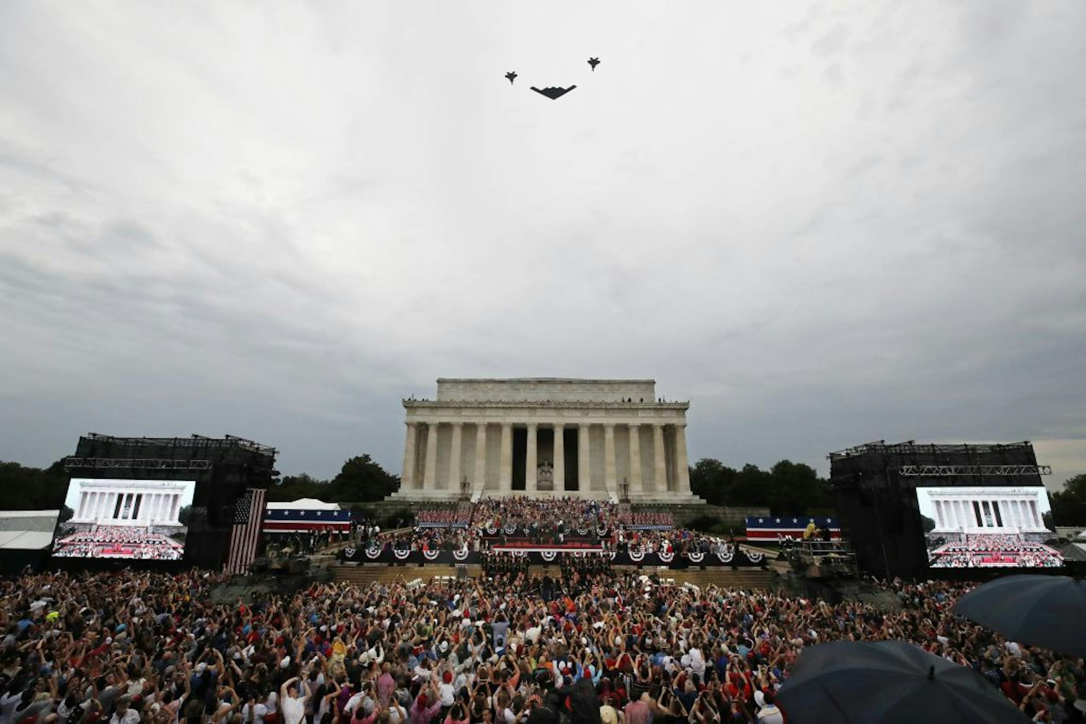 An Air Force flyover came while President Donald Trump spoke during an Independence Day celebration in front of the Lincoln Memorial on Thursday in Washington.