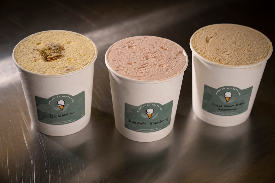 Outside of the fair, ice cream flavors from the Minnesota Dairy Lab include (from left) baklava, buttermilk strawberry and salted brown butter rosemary.