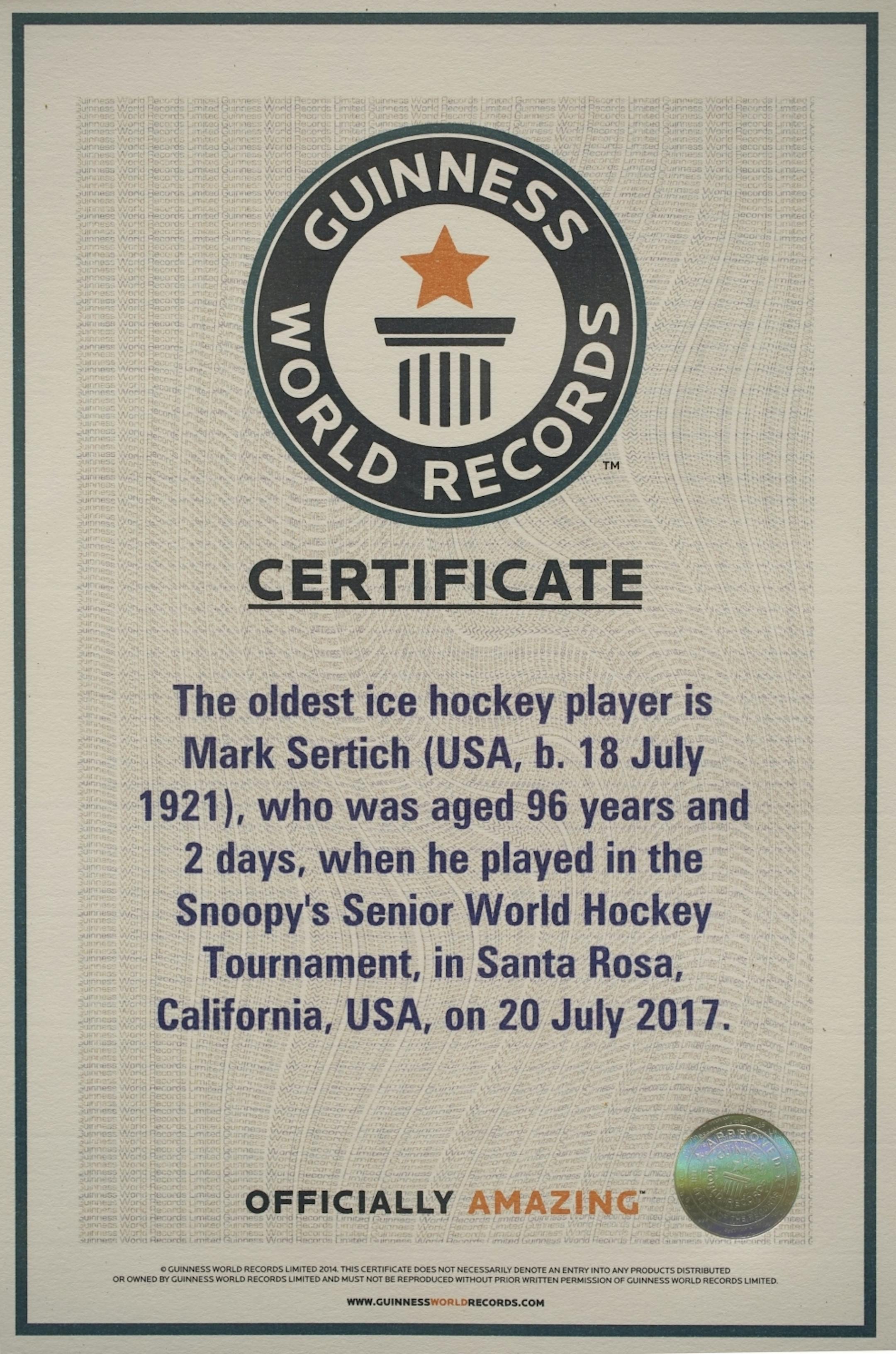 Mark Sertich's most recent World Record certificate for being the oldest ice hockey player in the world.