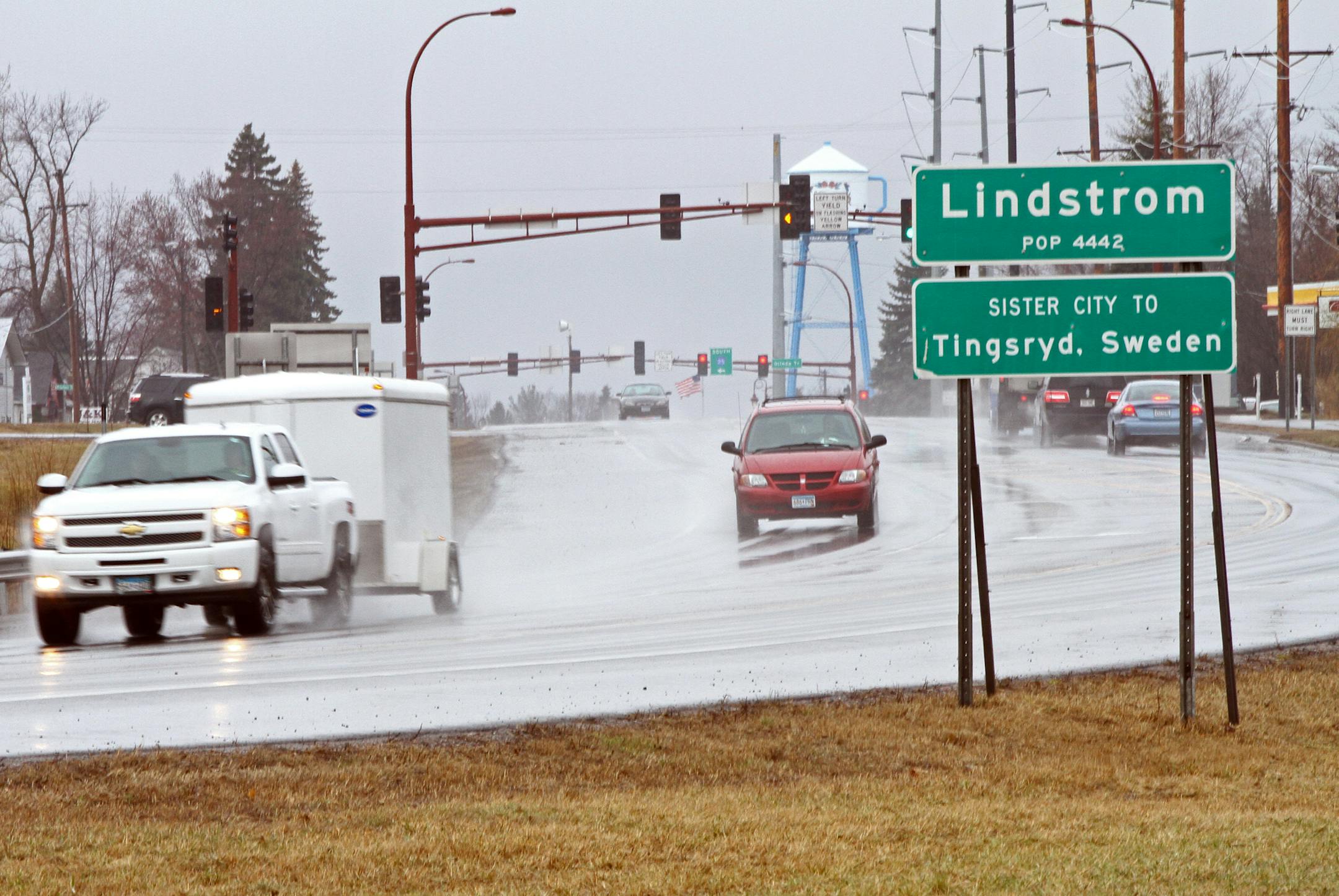 As drivers enter into Lindstrom, Minnesota city limits, they're greeted with a sign with the town's name and population. What they don't see is an umlaut over the 'o' in Lindstrom, which is visible on the town's two water towers. When printing signs, MnDOT can only use alphabetical characters, which does not include the umlaut. On the previous sign, a Lindstrom city engineer took it upon himself to cut out reflective material and adhere the umlaut to the sign. ] SHARI L. GROSS sgross@startribune