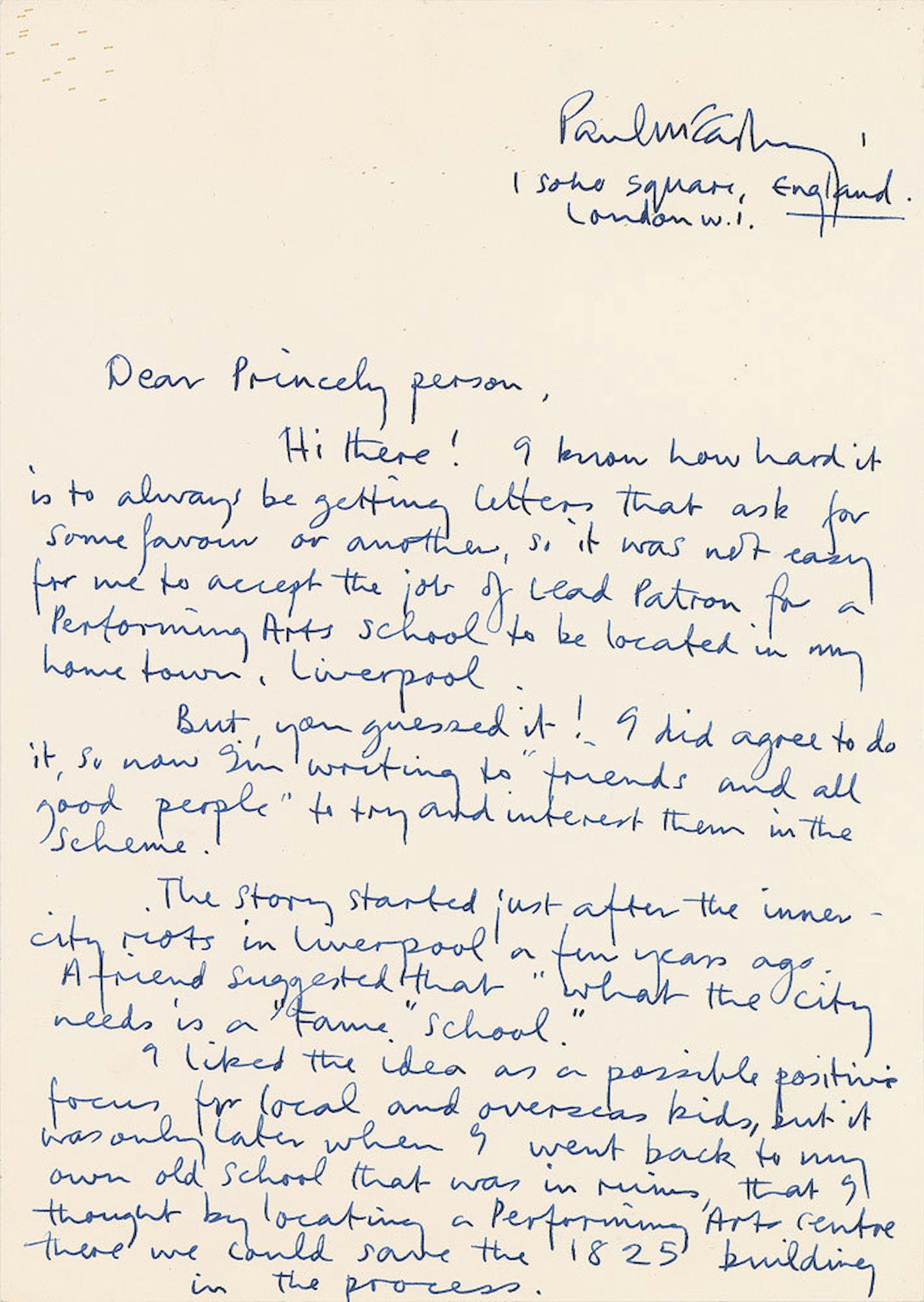 A two-page letter Paul McCartney wrote longhand to Prince many years ago with the salutation ìDear Princely personî sold at auction for nearly $15,000.