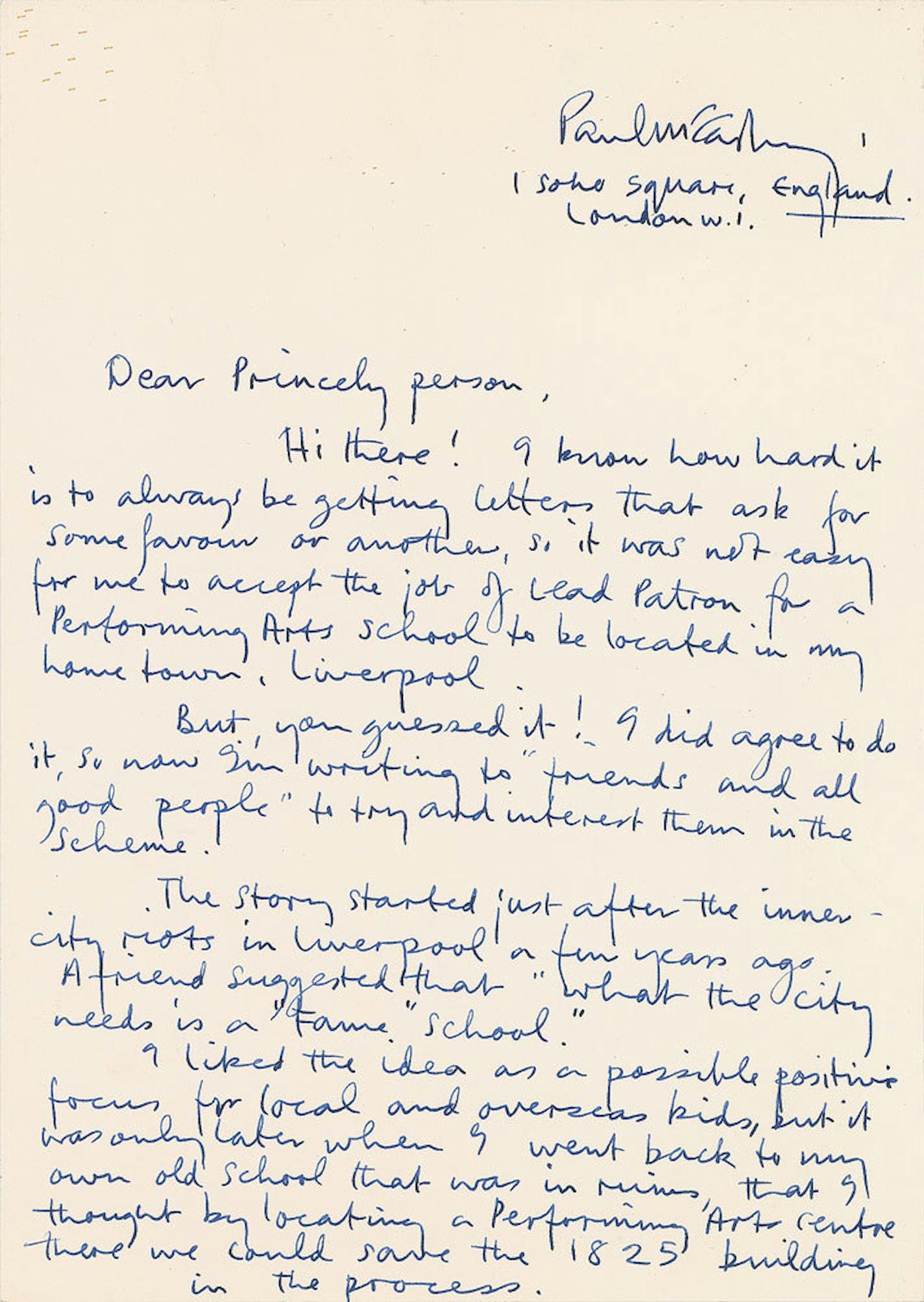 A two-page letter Paul McCartney wrote longhand to Prince many years ago with the salutation &#xec;Dear Princely person&#xee; sold at auction for nearly $15,000.