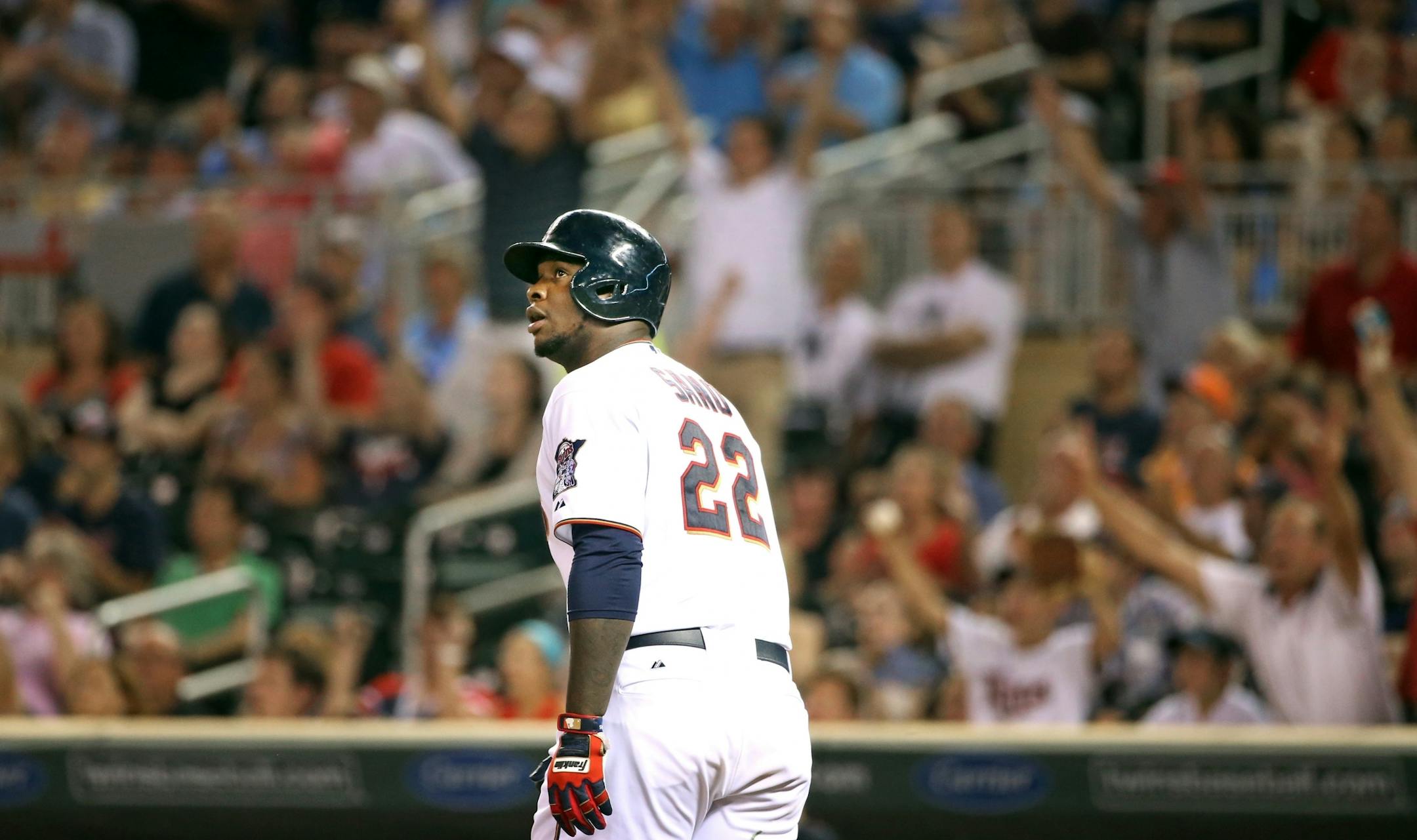 Minnesota Twins designated hitter Miguel Sano (22) watched his solo home runner in the seventh inning.