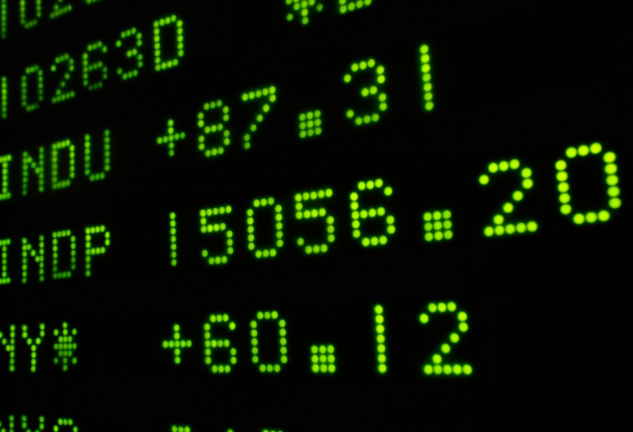 A board at the New York Stock Exchange Tuesday, May 7, 2013, shows the closing number for the Dow Jone industrial average. The DJIA punched through another milestone Tuesday: its first close above 15,000. (AP Photo/Richard Drew) ORG XMIT: MIN2013051315352268