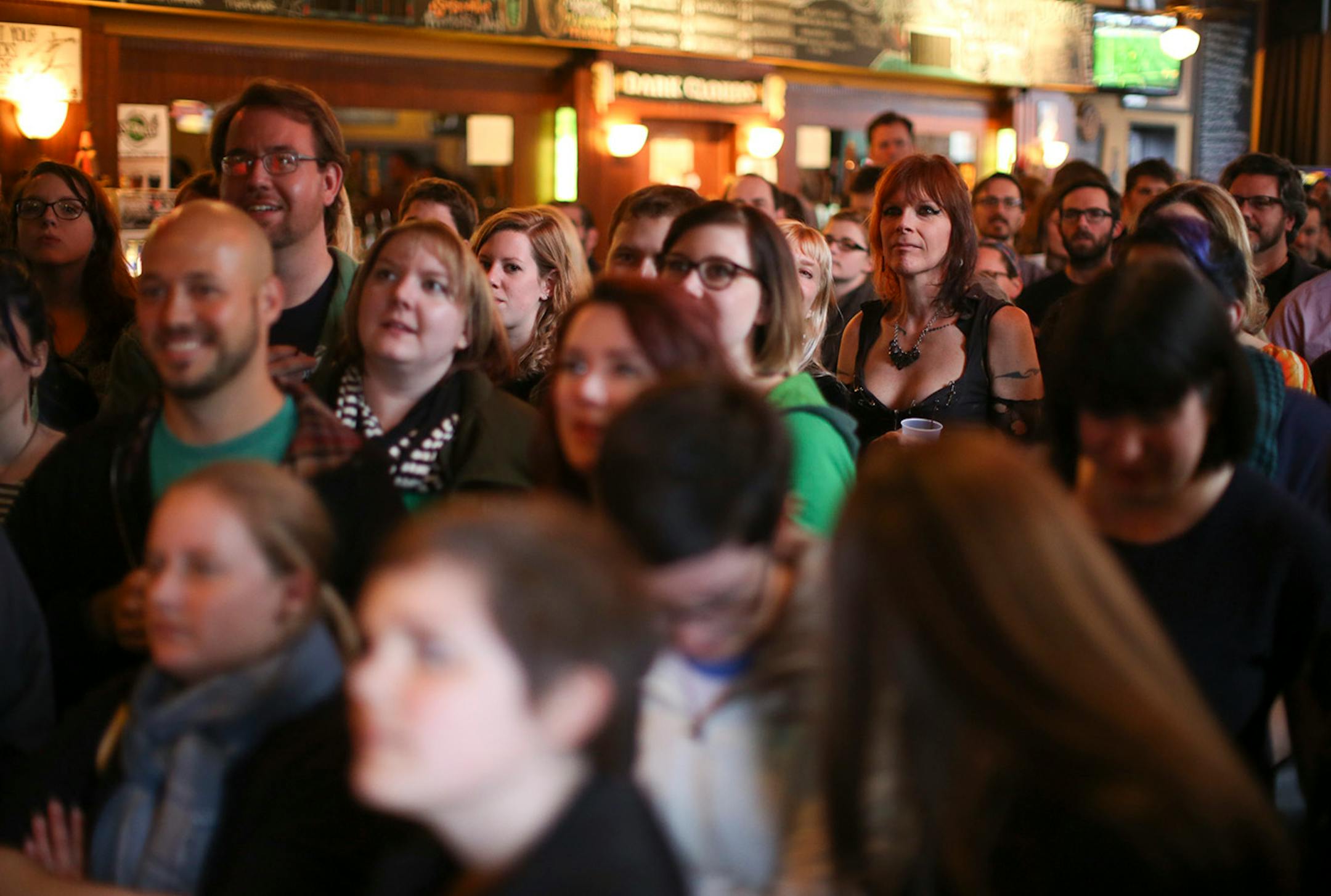 AWP participants filled Nomad World Pub Wednesday night for the Literary Death Match. ] JEFF WHEELER ï jeff.wheeler@startribune.com One of the off-site events at the start of the AWP Conference & Bookfair was the Literary Death Match Wednesday night, April 8, 2015 at Nomad World Pub in Minneapolis. Four writers read their work and were judged by a panel of three all star judges.