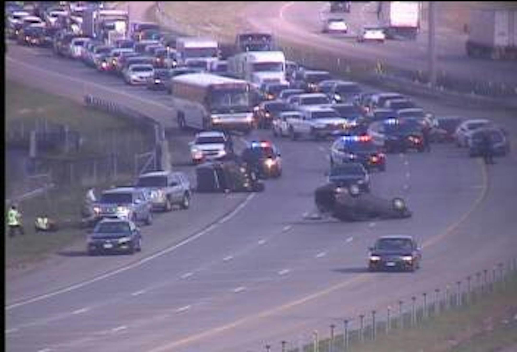 A look at two cars rolled over on westbound I-94 in Maple Grove on Tuesday evening.