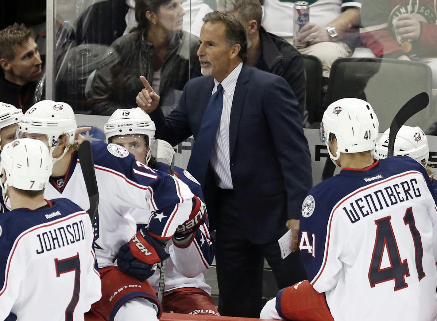 New Columbus Blue Jackets head coach John Tortorella gives instructions during a time out in the third period of an NHL hockey game against the Minnesota Wild, Thursday, Oct. 22, 2015, in St. Paul, Minn. The Wild won 3-2. (AP Photo/Jim Mone) ORG XMIT: MNJM111