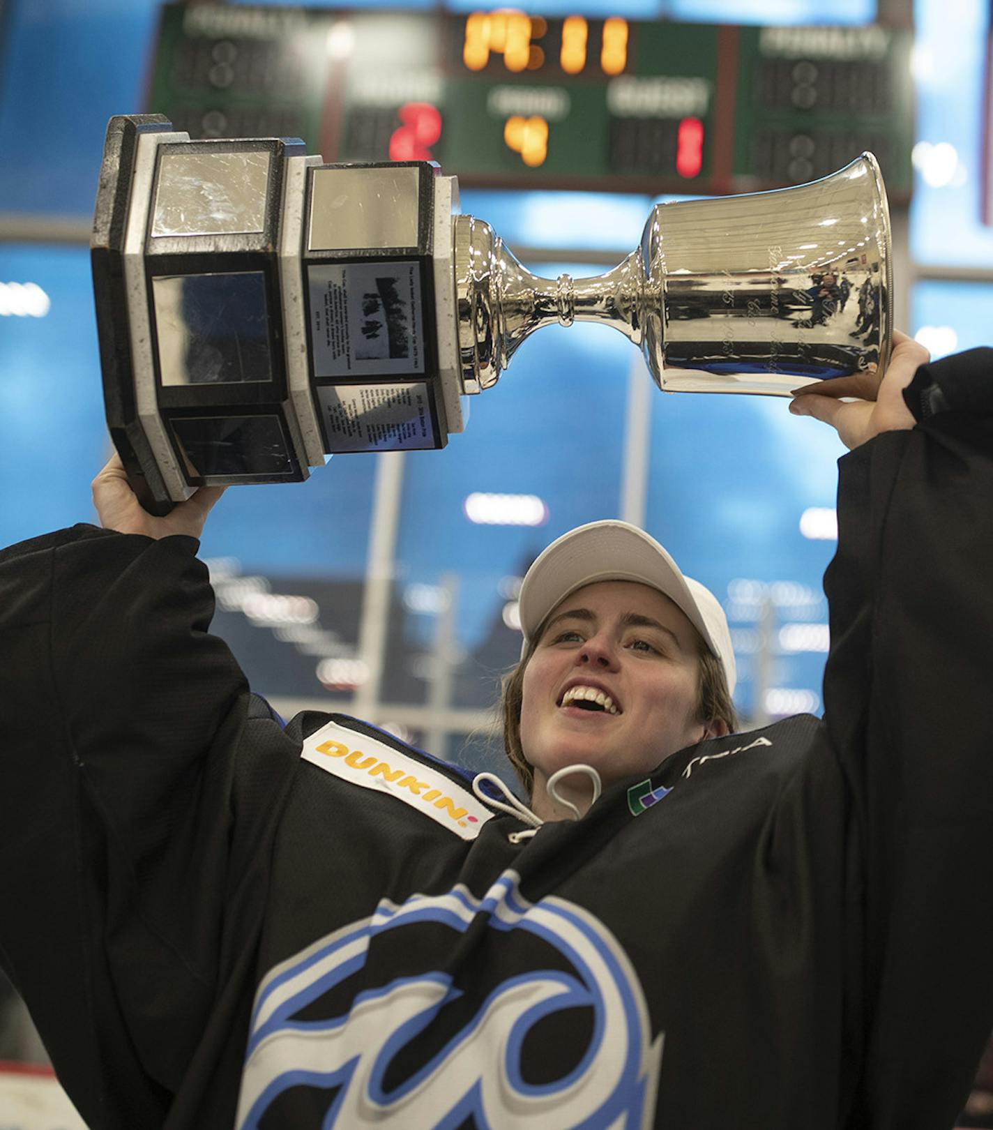 Minnesota Whitecaps goaltender Amanda Leveille celebrates with the Isobel Cup at Tria Rink on Sunday, March 17, 2019 in St. Paul, Minn. The Whitecaps beat the Buffalo Beauts 2-1 in overtime to win the NWHL Championship at Tria Rink. (Jerry Holt/Minneapolis Star Tribune/TNS)