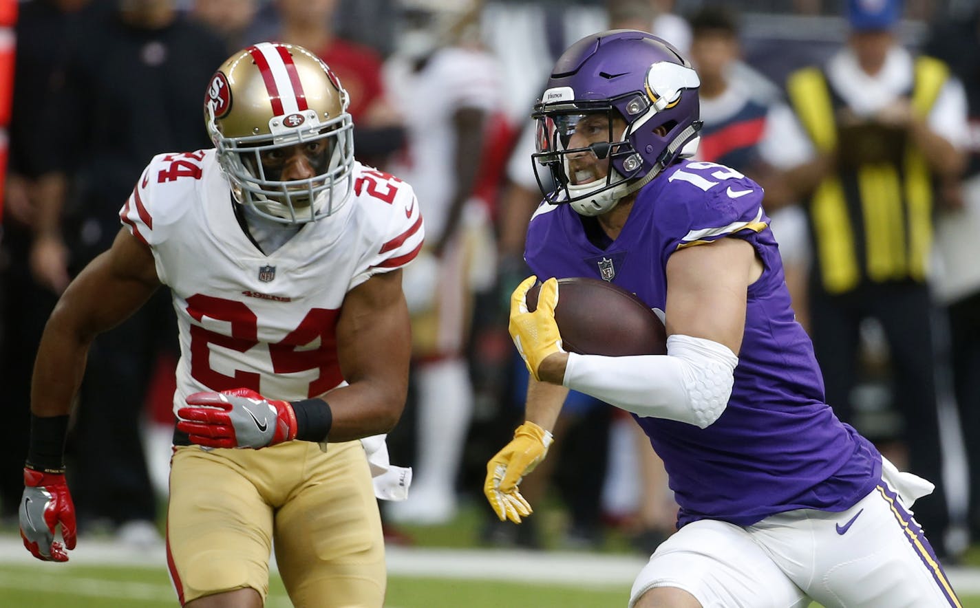 Minnesota Vikings wide receiver Adam Thielen was just one benefactor of the creative formations utilized by Vikings offensive coordinator John DeFilippo.