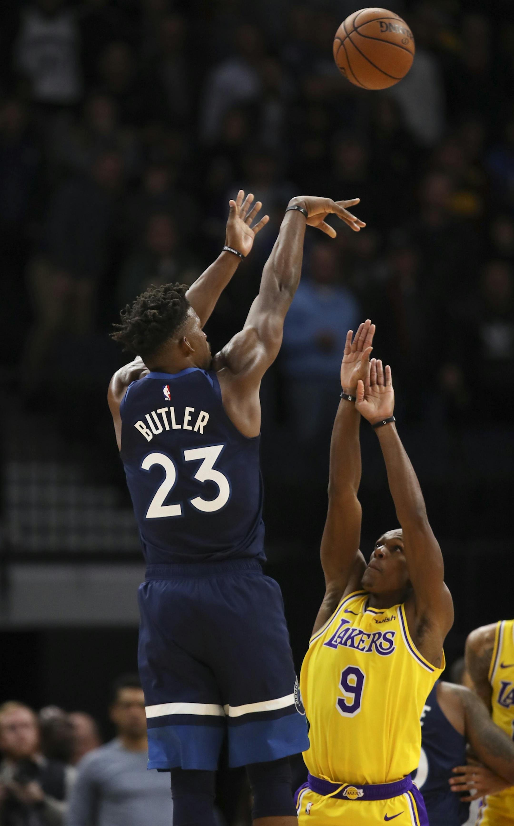 Minnesota Timberwolves guard Jimmy Butler (23) sunk his last shot of the game over Los Angeles Lakers guard Rajon Rondo (9). He finished he night with 32 points. ] JEFF WHEELER ï jeff.wheeler@startribune.com The Minnesota Timberwolves beat the Los Angeles Lakers 124-120 in an NBA basketball game Monday night, October 29, 2018 at Target Center in Minneapolis.