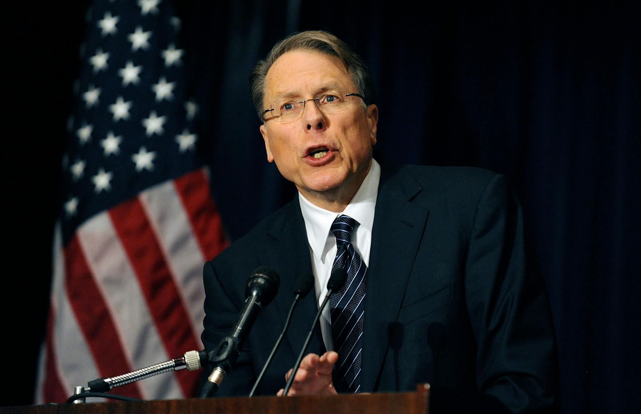 Wayne LaPierre, executive vice-president of the National Rifle Association of America (NRA), speaks at a news conference at the Willard Hotel, December 21, 2012 in Washington, DC. The nation's largest gun lobby called Friday for Congress to require armed security guards in every school, saying it would help prevent such acts of mass violence from happening again.