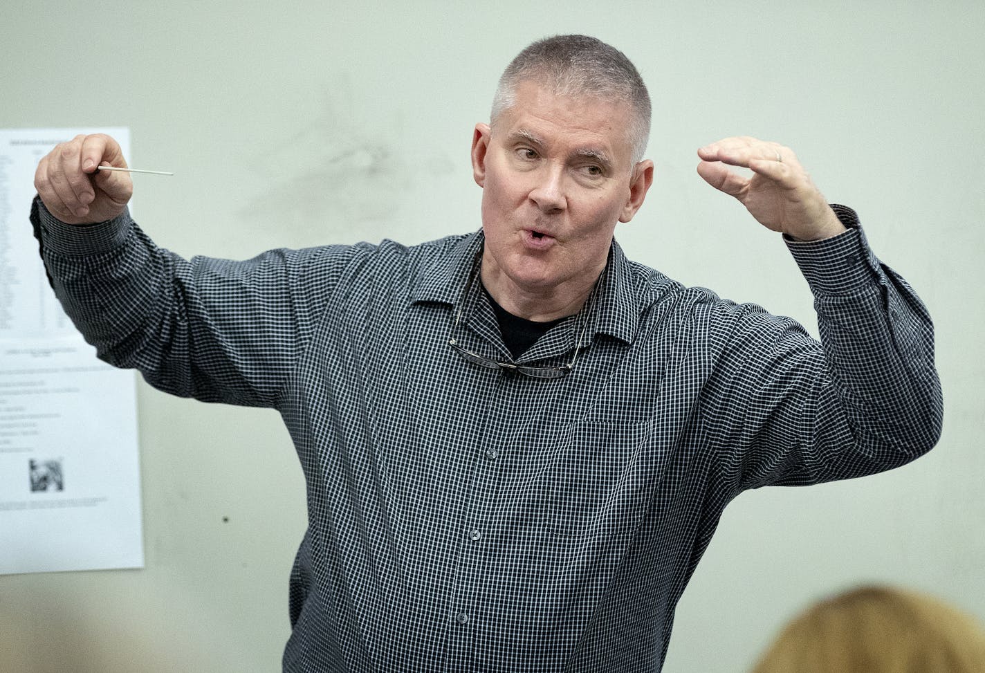 Steve Lyon and the SLP Community Band during their final rehearsal before they perform the piece he wrote about his cancer journey, "Melanomore," at the Minnesota Orchestra Hall. ] CARLOS GONZALEZ ï cgonzalez@startribune.com ñ May 1, 2018, Champlin Park, MN, Steve Lyon and his SLP Community Band will have their final rehearsal before they perform the piece he wrote about his cancer journey, "Melanomore," at the Minnesota Orchestra Hall. The rehearsal is at Champlin Park High School.