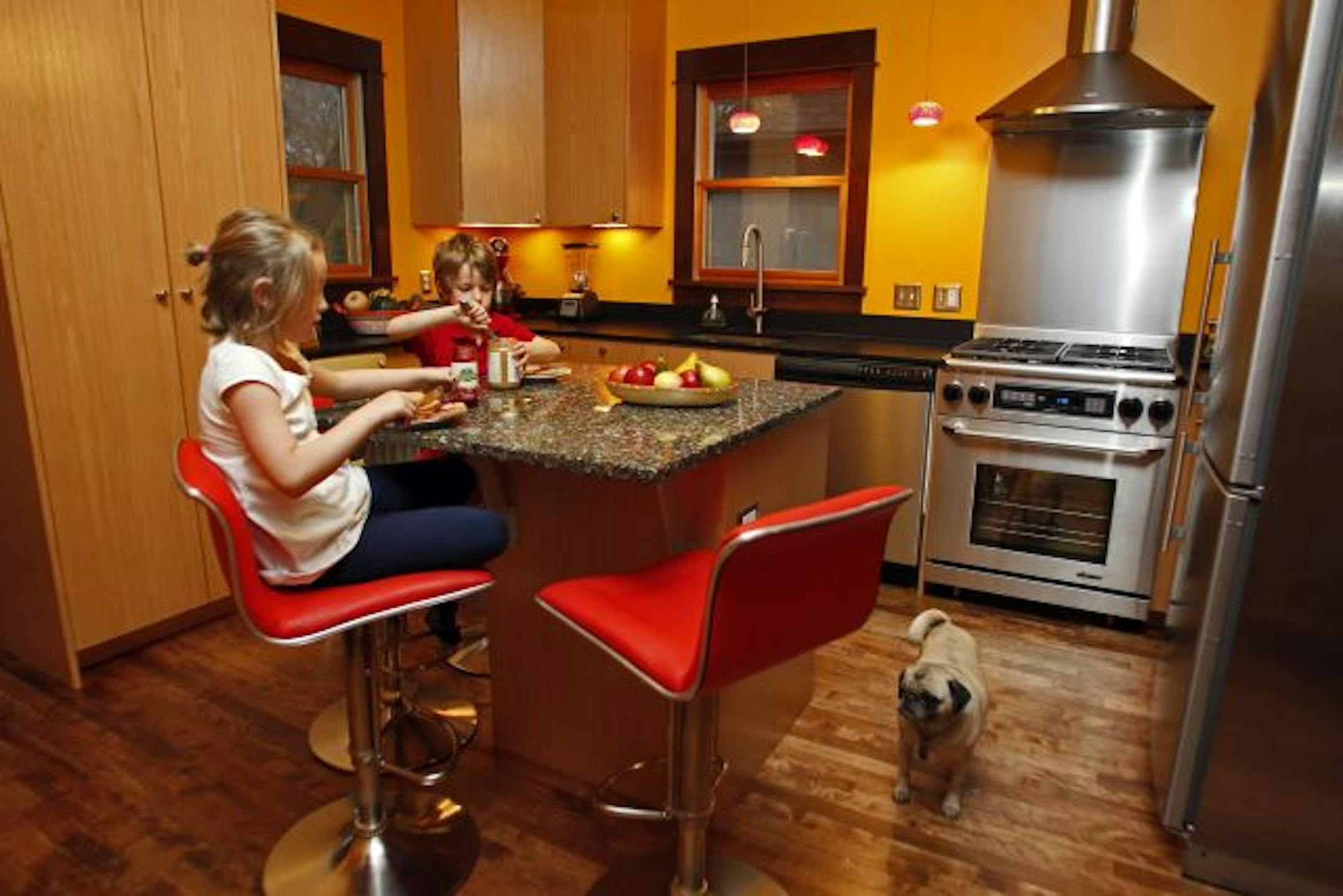 Nora Hatting, 8 and brother Eli Hatting, 6 ate lunch on the recycled glass center island of the renovated kitchen while dog Gary looked on.
