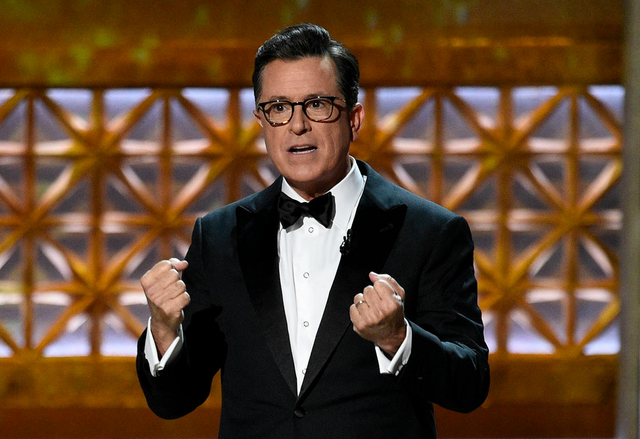 Host Stephen Colbert speaks at the 69th Primetime Emmy Awards on Sunday, Sept. 17, 2017, at the Microsoft Theater in Los Angeles.