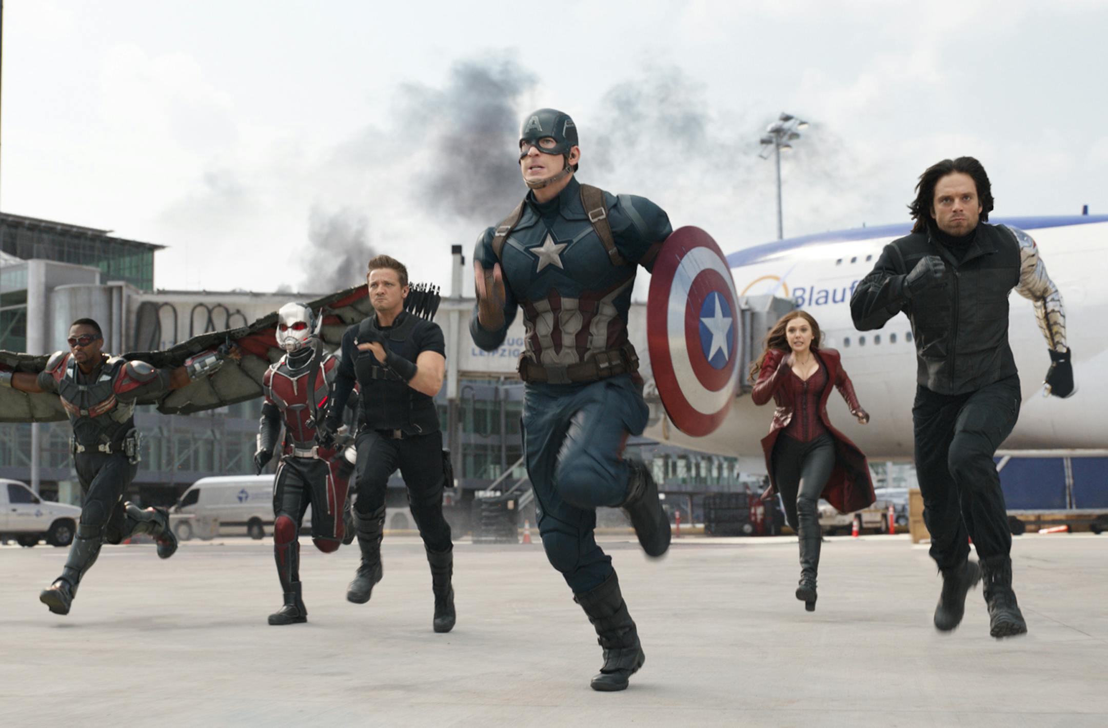 In this image released by Disney, Anthony Mackie, from left, Paul Rudd, Jeremy Renner, Chris Evans, Elizabeth Olsen and Sebastian Stan appear in a scene from "Captain America: Civil War." (Disney-Marvel via AP)