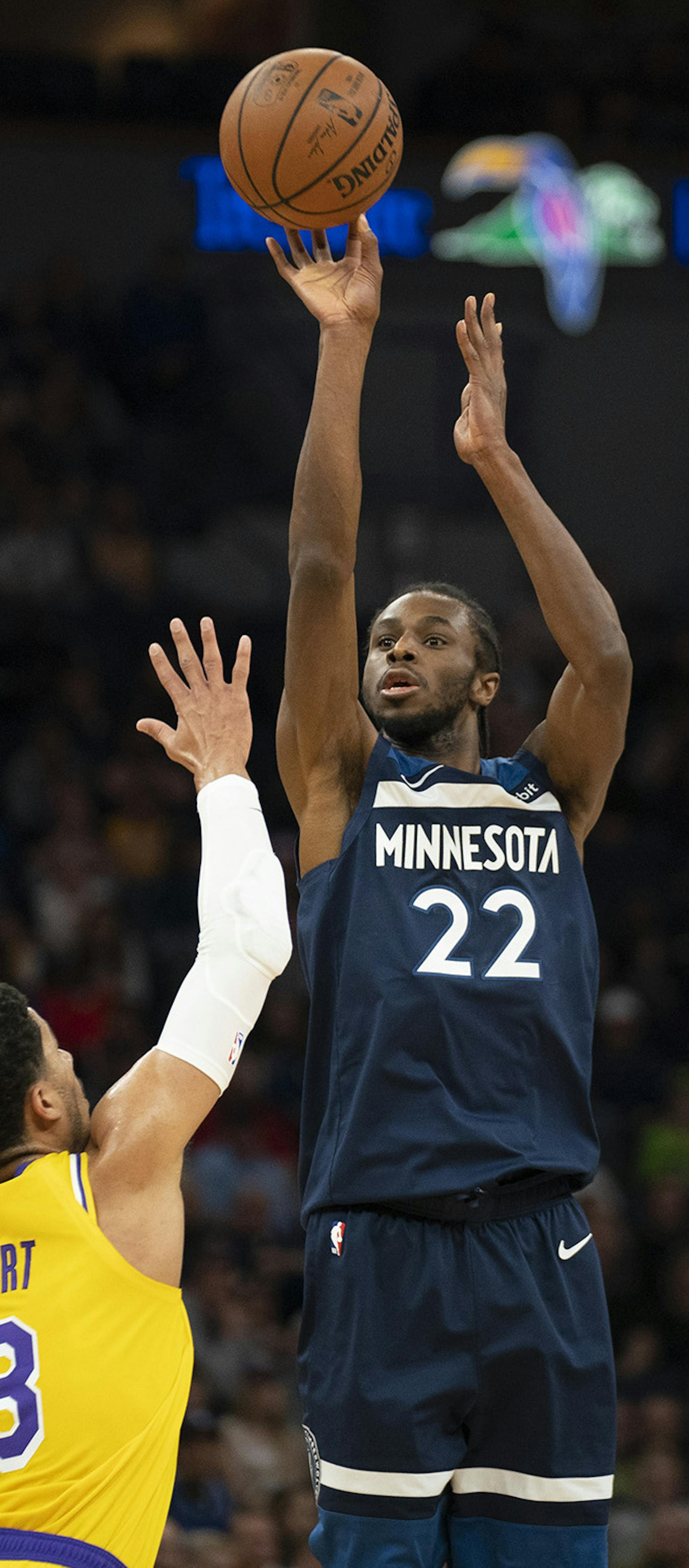 Minnesota Timberwolves forward Andrew Wiggins (22) releases a three-point shot in the first half against the Los Angeles Lakers on Sunday, Jan. 6, 2019 at Target Center in Minneapolis, Minn. He finished the game with 28 points. The Minnesota Timberwolves defeated the Los Angeles Lakers, 108-86. (Jeff Wheeler/Minneapolis Star Tribune/TNS) ORG XMIT: 1262644