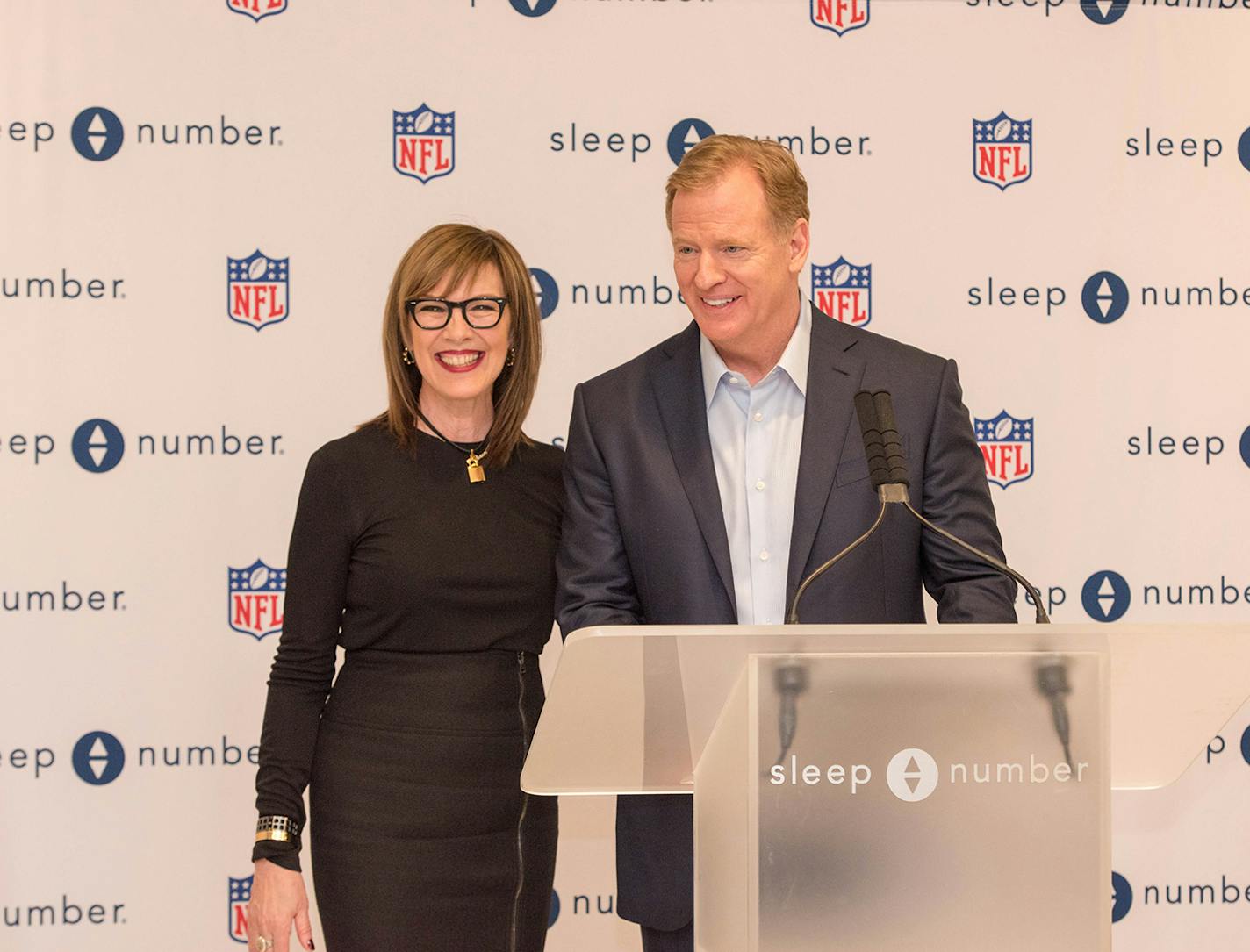 Sleep Number president and CEO Shelly Ibach and NFL Commissioner Roger Goodell seen at their partnership announcement at Sleep Number on Wednesday, Jan 31, 2018, in Minneapolis. Sleep Number and the National Football League announced today a multi-year partnership aimed at helping to improve players&#xed; performance by maximizing the benefits of a great night of sleep. Sleep Number &#xf1; the Official Sleep and Wellness partner of the NFL &#xf1; will work with players, teams and trainers as the