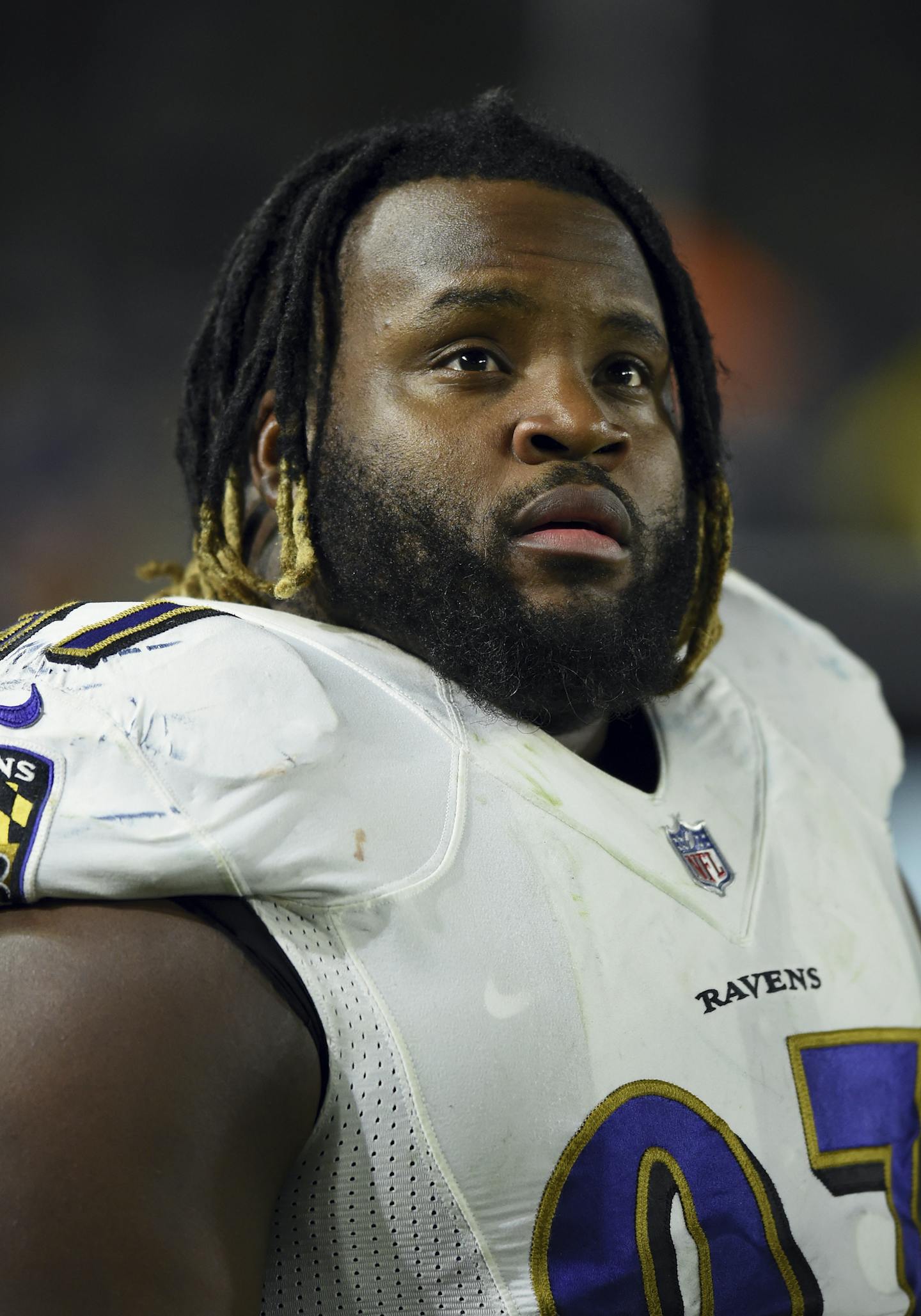 Baltimore Ravens defensive tackle Michael Pierce (97) on the sidelines during an NFL football game against the Los Angeles Chargers, Sunday December 22, 2018 in Carson, Calif. (John Cordes/AP Images for Panini)