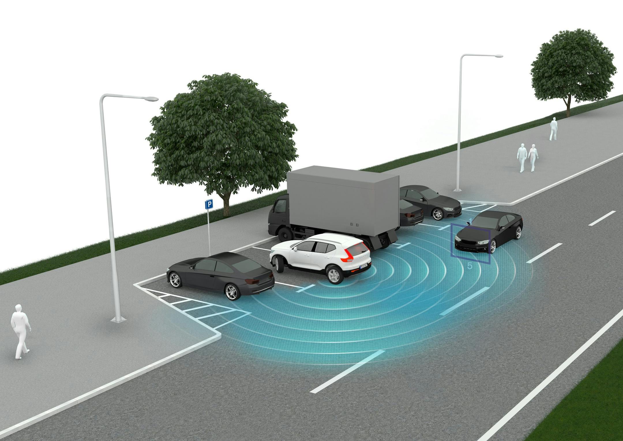 This graphic provided by Volvo shows how a rear cross-traffic system spots oncoming vehicles. New cars can come laden with safety technology, some that warns you and some that also takes action to protect you. (Courtesy of Volvo Car Corp. via AP)