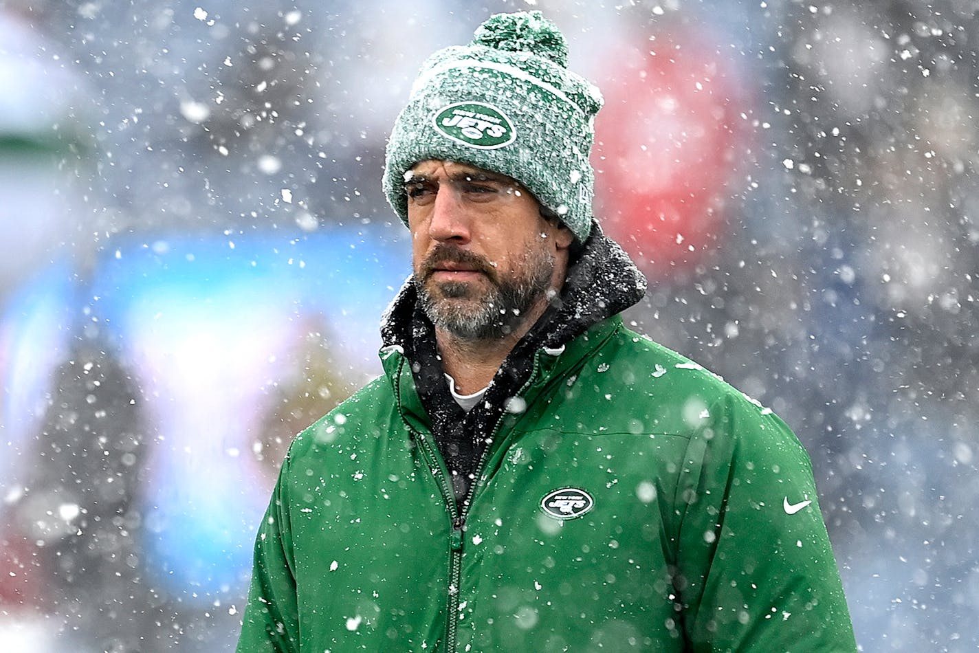 Aaron Rodgers #8 of the New York Jets looks on before a game against the New England Patriots at Gillette Stadium on Jan. 7, 2024, in Foxborough, Massachusetts. (Billie Weiss/Getty Images/TNS) ORG XMIT: 100063411W