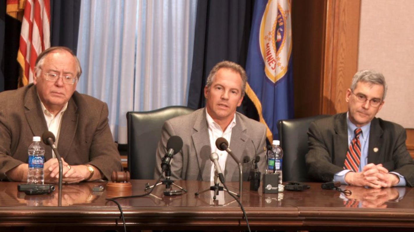 From left, state Sens. Dave Senjem, Geoff Michel and David Hann spoke about Senate Majority Leader Amy Koch's resignation after four senior senators confronted her about allegations that she had an "inappropriate relationship" with a staffer.